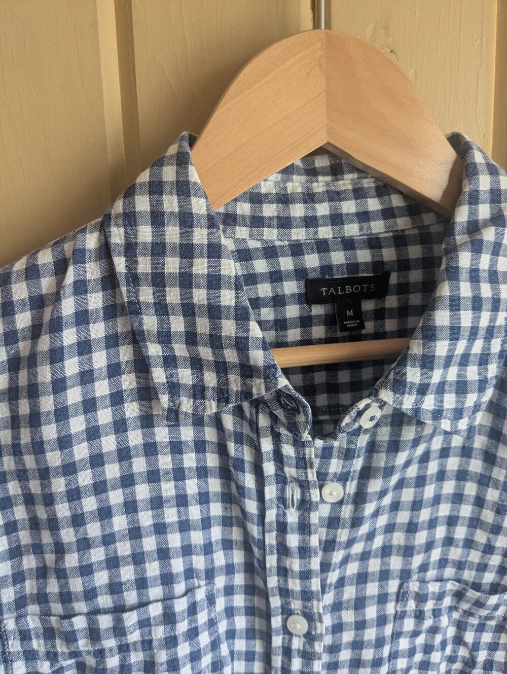 Talbots Blue Gingham 100% Linen Button Down Shirt Size Medium